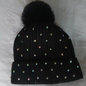 Rhinestone Dotted Ultra-Soft Black Pom Pom Beanie
